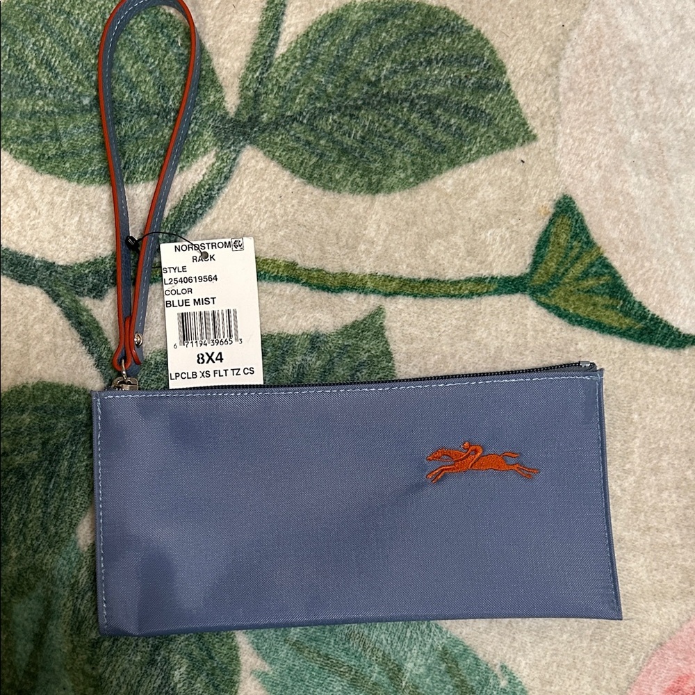 Longchamp Blue Mist Wristlet Clutch with Orange Logo